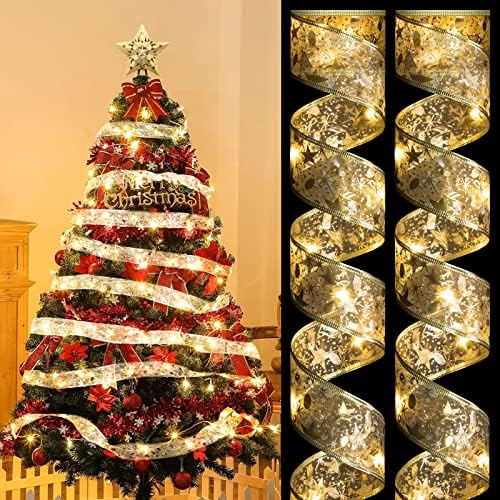 Matekxy Гирлянди със Златна панделка, Гирлянди за помещения, Декоративни светлини за Коледната елха, 2 опаковки, 32,8