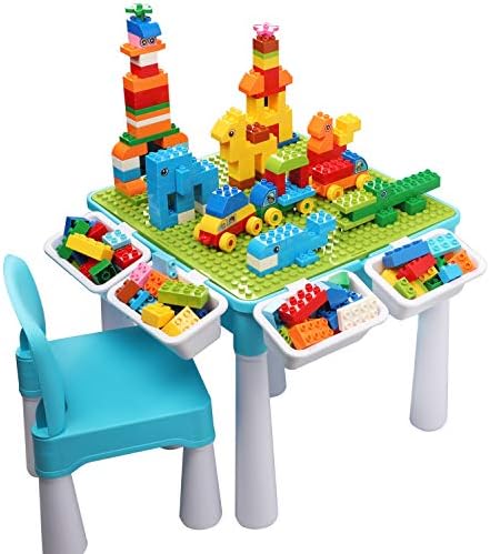 Многофункционален настолен комплект burgkidz Kids 5 в 1 - Маса от градивните блокове с място за съхранение на Игралната маса включва 1 стол и 130 обекти, съвместими с градивн
