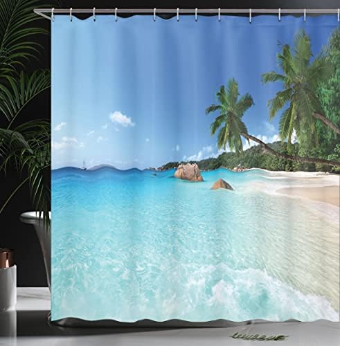 Завеса за душ Ambesonne Океан, Панорамен Изглед към плажа, за да сърфирате ANSE Lazio на остров Praslin, Определени за декор на банята от плат с куки, Дължина 70 см, Синьо-тюркоаз