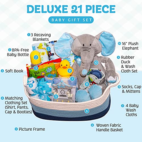 Кошници с подаръци Nikki's – Подаръчен комплект за момче Bundle of Joy Deluxe с предмети от първа необходимост за бебета от 21 обекта, Подарък кошница на средния размер за бъдещ?