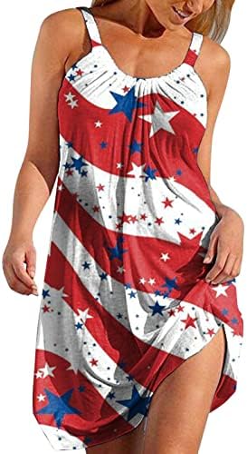 Женствена Рокля на 4 юли, Лятно Плажно Ежедневна Рокля в стил Бохо, Флаг на САЩ, Без ръкав, С Кръгло Деколте,