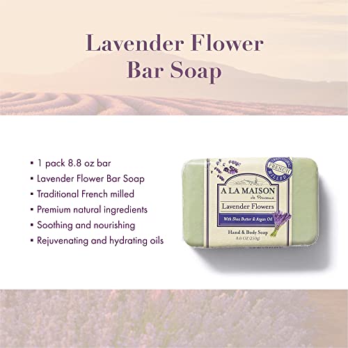 Сапун A LA MAISON Lavender Flower Bar-Soap - Естествен Овлажняващ сапун за ръце на Тримата Френски мелене (1 Блок сапун, 8,8