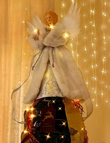 Коледен Ангел PEEKI 12, Коледа в цилиндър с 10 led крушки, Украса на върха на дървото Слонова кост Seasons of Elegnace, Коледна Празнична украса, Фигурки с Крила