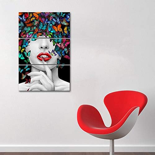 LoveHouse 3 Панела Червени Устни Жена Платно Стенно Изкуство Цветна Картина с Пеперуда Печат върху Платно, Модерно