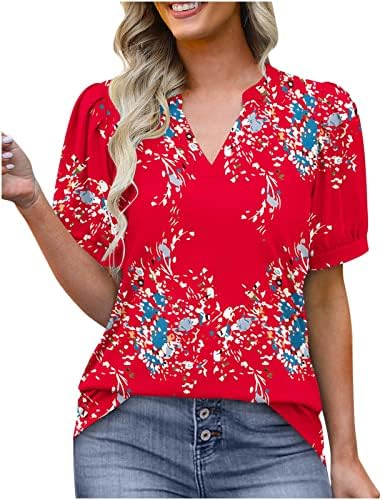 Блузи с Флорални Принтом за жени, Дамски тениски с V-образно деколте, Летни Ежедневни Ризи с ръкави-Мехурчета,