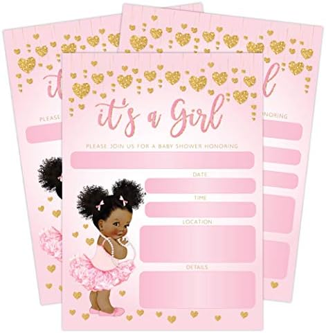 Покана за детски душ с розови и златни Сърца за момичета, афроамериканская Принцеса-Балерина, 20 Покани