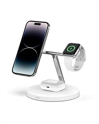 Безжична поставка за зареждане на Belkin MagSafe 3 в 1 (по-старата версия на 2021 г.) за Apple Watch серия iPhone, AirPods - Бял