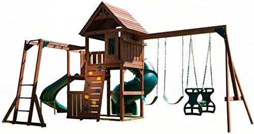 Игри набор от Swing-N-Slide Grandview Twist с Две пързалки, Две Люлки, кръст-образни греди за маймуни, Планером