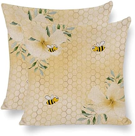 (2 опаковки) Bee Happy Bumble Bees Yellow Мед, калъфки за възглавници, бельо Памучен калъфка за възглавница, калъфка за домашния офис, декор, размер 18 X 18 инча.