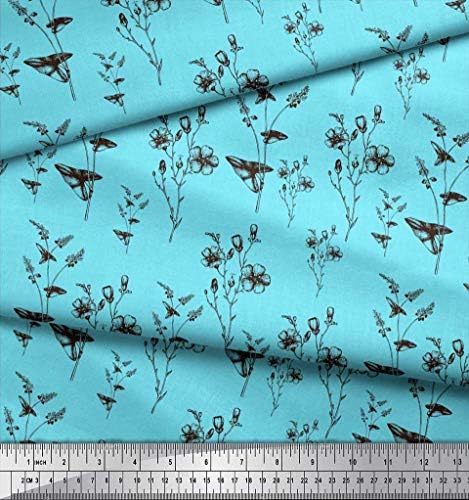 Плат от futon джърси Soimoi син цвят, с щампи, листа и цветове ширина 58 см