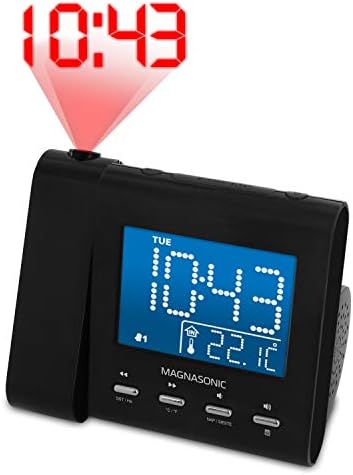 Прожекционен alarm clock Magnasonic с AM/ FM радио, резервна батерия, автоматично инсталиране на време, двоен будилник, таймер за сън, висока температура в помещението / за дата ?