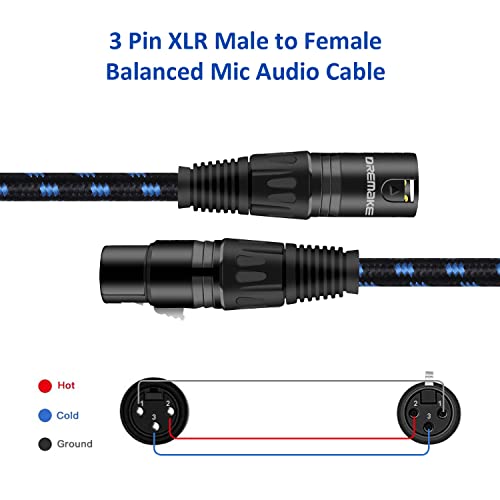 DREMAKE Audio 15-крак свързване на кабел за микрофон с микрофон на Кабела - 3-Пинов XLR от мъжа към жената XLR, черно-сини кабели XLR Змия от твида - 15-крак кабел за микрофонного ус