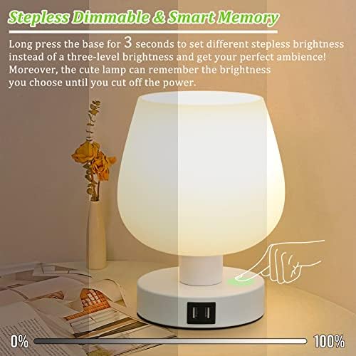 Нощна настолна лампа с докосване и 2 USB порта, Малка Нощна лампа с регулируема яркост за спалня, Модерна настолна лампа с абажуром от бяло стъкло, с регулируема цвето