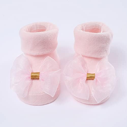 Пешеходни чорапи за малки момичета, Чорапи с мека подметка, Чорапи за деца, Чорапи Принцеса с Лък, Чорапи на пода + Лента за коса (Розово, 6 месеца)