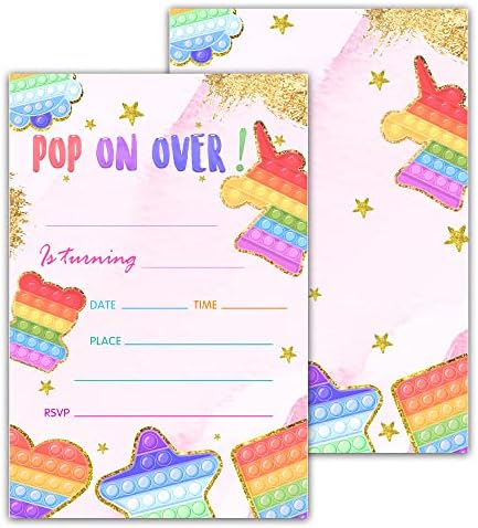Покани за парти в стил Rainbow Pop за рожден ден - Покани за парти Rainbow Pop It - Идеи покани за рожден Ден за малки момичета и момчета - 20 Покани картички с конвертами (Покана D14