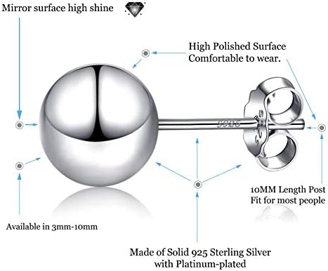 Обеци-карамфил от сребро 925 Проба с топки се Предлагат в размери от 3 мм-10 мм, Класическа Кръгла Топка шипове, Алергични