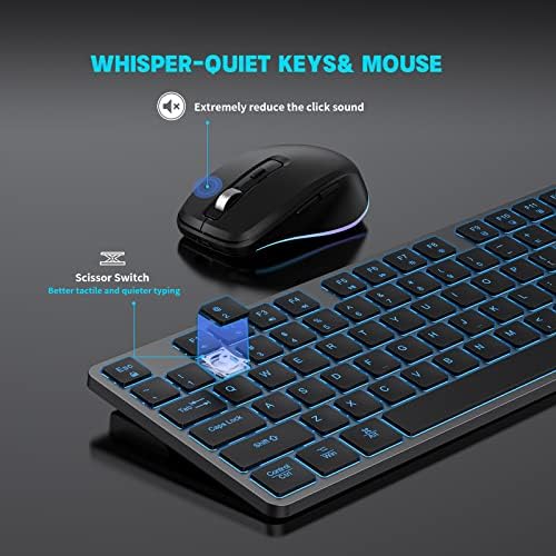 Безжични Клавиатура и Мишка POWZAN, Акумулаторна Комбинирана Безжична Клавиатура и мишка, Подвижната мишка, Тънка пълен размер Тиха 7-Цветна клавиатура USB 2.4 G с подсве?