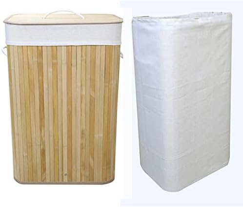 Кошница за дрехи с 2 Сменяеми торбички-втулки, Бамбук кошница за дрехи, ръчно изработени с удобни дръжки за носене