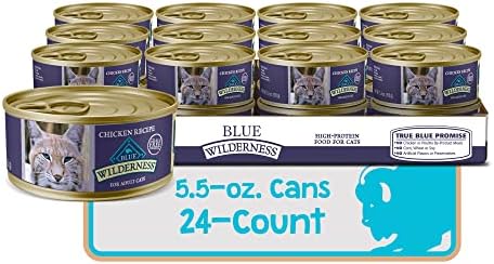 Мокра Храна за котки Blue Buffalo дивата природа с високо съдържание на протеин, беззерновой, Натурален, с Пастет, за възрастни, с пиле в банки обем 5,5 унции (опаковка от 24 ?