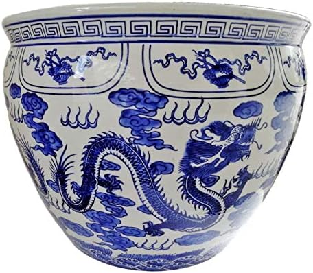 Oriental Furnitures Warehouse Бяло-син порцеланов аквариум с изображение на Дракон (14 W x 11В най - Вътрешния ръб на 11.25, на основата 9)