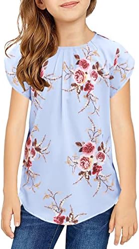 Ebifin/ Нагънат Ризи с къс ръкав за Момичета, Летни Модни Обикновена Блузи, Ежедневни Тениски с кръгло деколте, Свободни