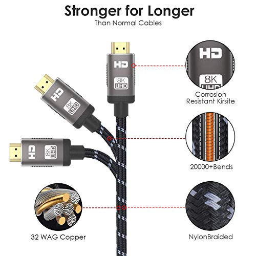 Кабел 8K HDMI 2.1 3,3 фута, високоскоростен кабел Ultra HD 48Gpbs HDMI, 8K60 4K120 144Hz eARC HDR10 4:4:4