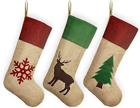 Коледни Чорапи Ivenf, 3 предмет, 18 инча, по-Голяма, Зелено-червени, от груб конопен плат, Чорапи с Снежинками във формата на Елен, за Семейна Почивка, Украса за Коледното