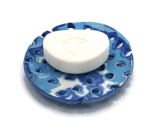 Керамични Опаковка за сапун ястия, ръчно изработени сапуни или Шампоани, през Цялата Титуляр за гъба с дупки (13 см/5 см, Абстрактен, Матово синьо)