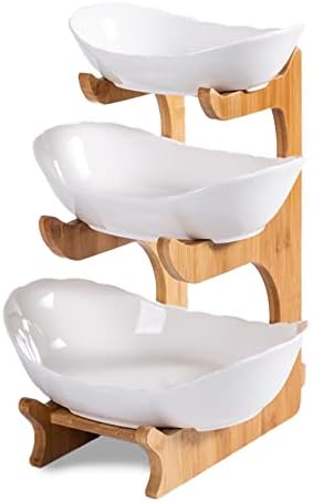 IRONIX - Бяла Керамика за кухня от Естествен Бамбук, Декоративна 3-те ярусная Поставка за Зеленчуци и леки Закуски, кошница за плодове