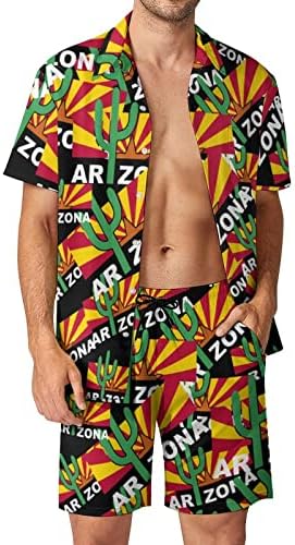 Мъжки плажни дрехи WEEDKEYCAT Cactus с Флага на Аризона, Хавайска Риза с копчета от 2 теми, Комплекти с Къс ръкав и Къси панталонки