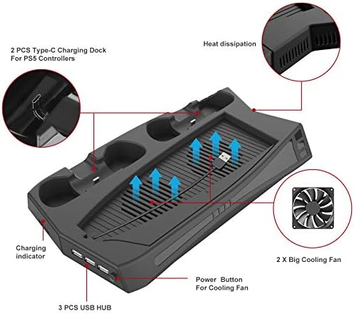 Вертикална поставка EEEKit с охлаждащ вентилатор за конзолата PS5, док-станция за зареждане на контролер, два порта на зарядното