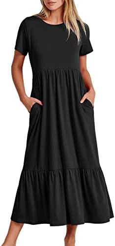 Жена лятно ежедневна рокля с къс ръкав и кръгло деколте, ежедневното диференцирани плажна рокля макси с джобове