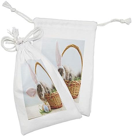Платнена торбичка с великден заек Ambesonne, Комплект от 2 теми, Пухкава Котка с Розови заячьими уши на Великден Корзинке