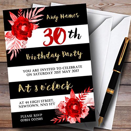 Черно-Бели Райета Златисто-Червени Цветя на Персонални Покани на Парти в чест на 30-годишнината