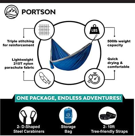 Хамак за къмпинг Portson в Медисън - Двоен хамак за катерене, пътуване, туризъм - Преносим хамак - В комплект