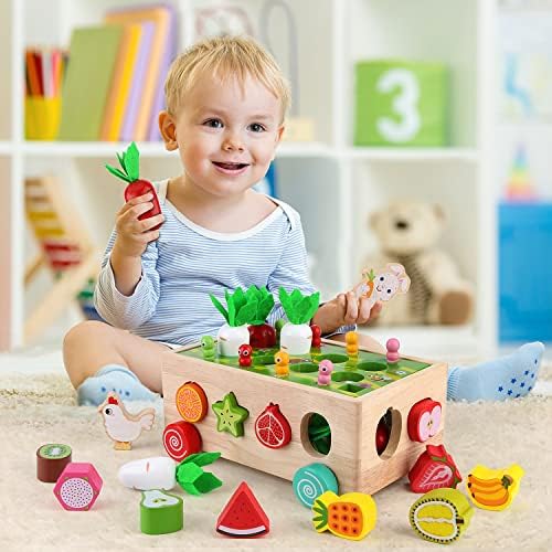 SKYFIELD Монтесори Дървени Градински Играчки за Малки момчета и момичета, 1, 2, 3 Години, Подарък Играчка За развитие на малък Мотор, Цвят и Форма, за Сортиране на плодове,