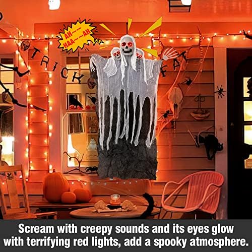 Висящи украси за Хелоуин на открито - 48 Висящ Скелет-Призрак с 3 Глави Черепа, със Светещи очи, Страховито Писклив Звук,