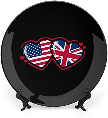 Американски и Британски Флаг Сърцето Реколта Декоративна Чиния от Костен Порцелан със Стойка за Дисплея на Хубава Чиния