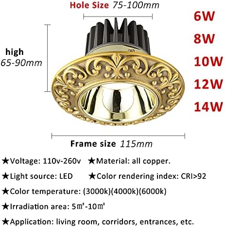 WLBHWL 3 Инча 6 W-14 Watt Led-Вградени Промяна лампа за фон, Монтиране на Тавана Лампа, Месинг, лампа за Скрит монтаж, осветителни тела за фоайе, 6 бр