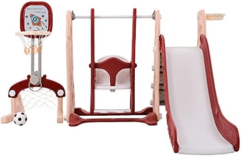 Комплект за деца с пързалка и люлки с Баскетбольным пръстен, Регулируема по височина люлки и пързалки (Червен