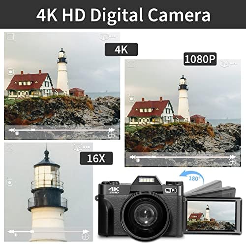 Камера за видеоблогинга 4K, 48-Мегапикселова Цифрова камера за правене на снимки в YouTube с Wi-Fi, заполняющим светлина, ръчно фокусиране, 16-кратно цифрово увеличение, шир?
