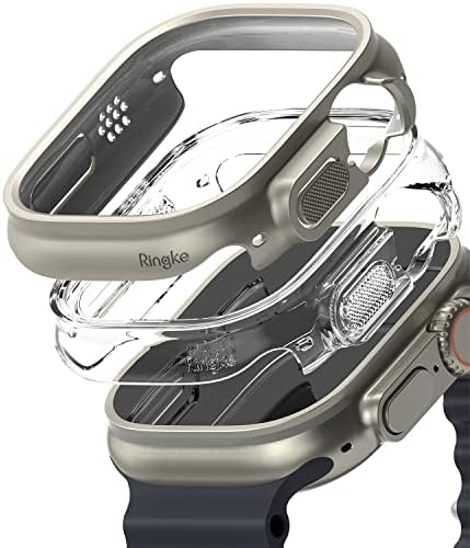 Тънък калъф Ringke, съвместим с Apple Watch Ultra [Прозрачен и титаново сиво] + Стъклена защитно фолио за екрана, която е съвместима с Apple Watch Ultra [4 опаковки]