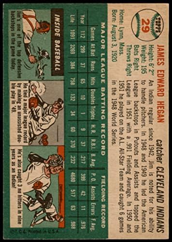 1954 Topps 29 С Джим Хеганом Кливланд Индианс (Бейзболна картичка) (Бяла спин) EX/MT Indians