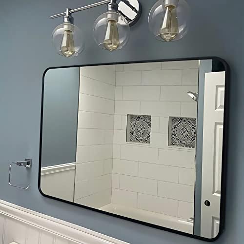 Огледало за баня 30 x 40, Голямо Черно Стенно Огледало Правоъгълно Стенно Огледало В Метална Рамка, Огледало за Закачане на Вертикално или Хоризонтално, Кръгла Ъгъл