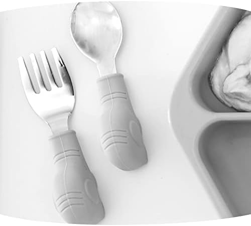 Комплект лъжици и вилици за бебета Tiny Туинкъл Easy Grip - Комплекти съдове за готвене без Бисфенол А и фталатов, Сребърни прибори За деца С силиконовата дръжка, за да про