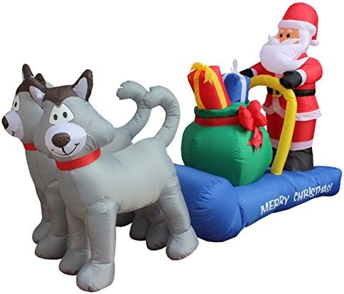 Стоки BZB 7-Крак Коледен Надуваем Дядо Коледа с Шейна с Кучета Хъски и Подарочным пакет Led Светлини Външни Празнични Украси