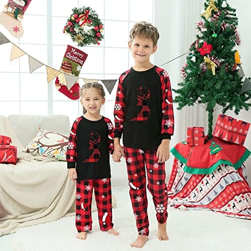 Едни и същи коледни пижами за семейство от 3 души, Комплект Коледни Пижам с ръкави в клетката, Празничен Принт