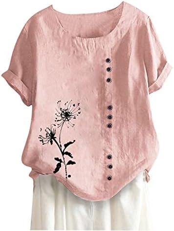Женска Тениска Дамска Свободна в памучна Риза с копчета с Къс Ръкав и Кръгло Деколте Тениска С Принтом В Розово
