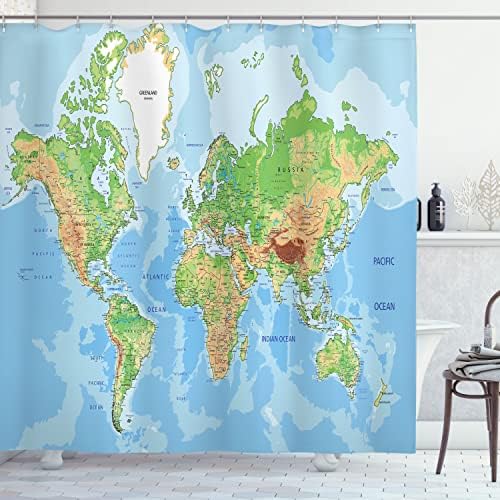 Завеса за душ Ambesonne Карта на света, Топографическая карта на света, Континенти, Страни Океаните Планината,
