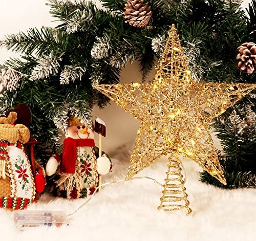Звездата на коледното дървото Homewit със златни мъниста, 11,8-инчов Коледно дърво, Сверкающая Върхът с подсветка и таймер,